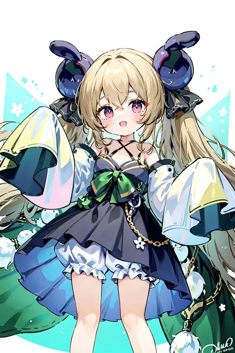 <lora:attilio_regolo_origen:0.7>,attilio_regolo\(azur_lane\),twintails,long_sleeves, sleeves_past_fingers, bloomers,dress, green_bow, hair ribbon,blue background,, masterpiece, best quality, extremely detailed face, sharp details, high contrast,