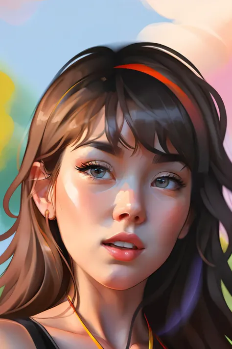 hanilee1, floating female figure made of ribbons, smoke, in the sky, colorful and vibrant, mystical colors, contemporary impressionism, yanjun cheng portrait painting, iridescent painting, 3/4 perspective view, cute face, low angle, sweeping circling composition, large beautiful crystal eyes, big irises, UHD, HDR, 8K, (Masterpiece:1. 5), (the most beautiful portrait in the world:1.5)