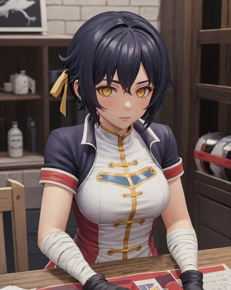 best quality, (masterpiece:1.2), illustration, absurdres,
(1girl, solo), (beautiful detailed girl),
<lora:Lynn-07:0.75>, Lynn, black hair, short hair, yellow eyes, white headband, jacket, orange shorts, black sleeves, short sleeves, black socks, sneakers, gloves, arm bandages,
inside intricate pawn shop, general store, fantasy medieval store, table, boxes, bottles, crates, barrels,,
all fours,
(upper body, portrait),,
looking at viewer