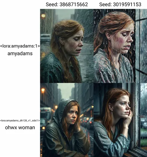 <lora:amyadams:1> amyadams, high quality photo of a sad and crying woman, inside on a rainy day, gloomy atmosphere, realistic, highly detailed, strong colors,