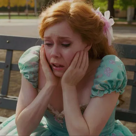 amyadams, crying, sitting on a park bench, wearing a princess dress, close up, f/1.8 50mm photo <lora:amyadams:1>