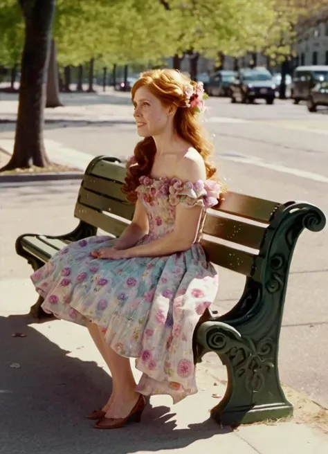 <lora:amyadams:1> amyadams, high quality photo of a woman wearing a flower dress, full body, sitting on a park bench on a sunny day, realistic, highly detailed,