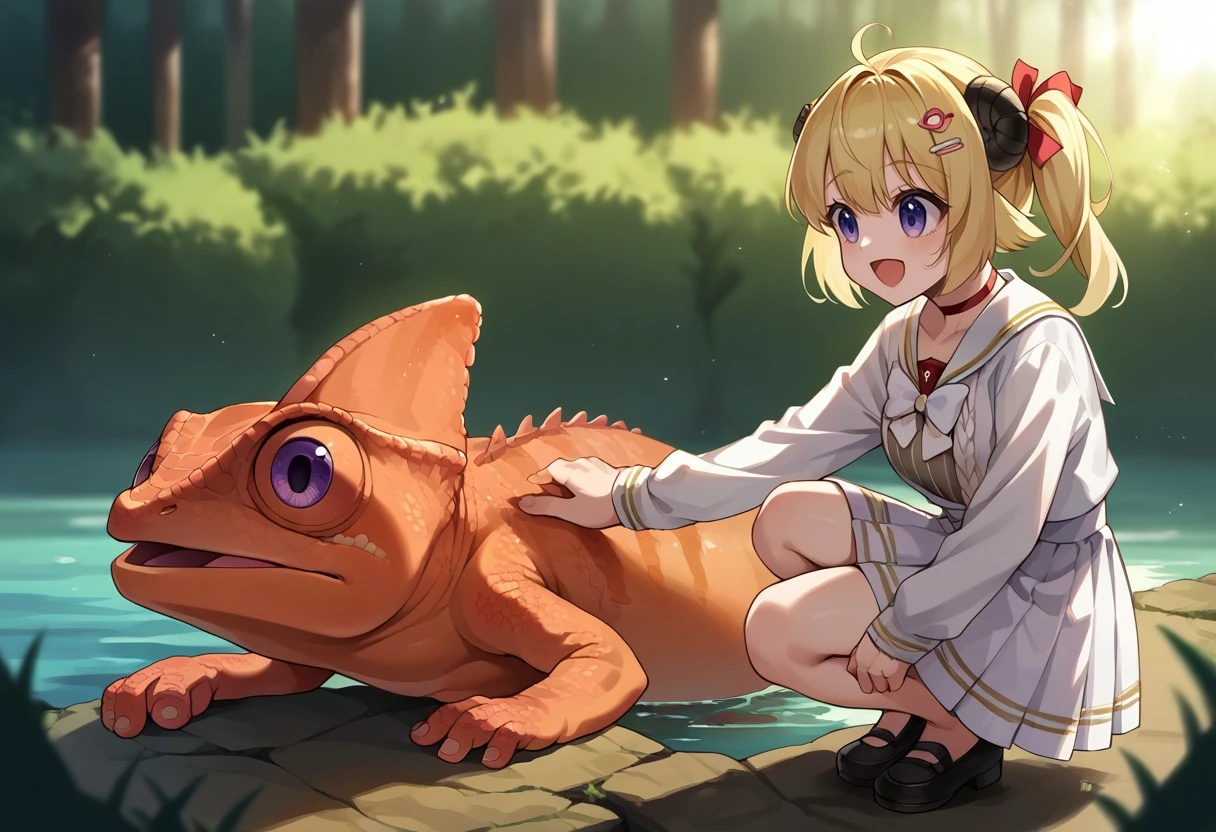 score_9, score_8_up,score_7_up, source_ anime,sunlight, sunrise,
BREAK
forest,blurry background, water, swamp,
BREAK
Chameleon, no humans, multicolored body, lizard,back spikes, feral,scales, open mouth,
BREAK
TsunomakiWatame, horns, long hair, ahoge,WatameCasual, ahoge, side ponytail, short hair, hairclip, vertical-striped dress, white skirt, high-waist skirt, sailor collar, red choker, white bow, white cardigan, squatting, happy,wide open eyes, smiling
BREAK
arm,headpat,
BREAK
shrek, green skin, upper body, confused, bush, blurry,
<lora:ChamChameleonPonyXL:0.8> <lora:last_1:0.8> , <lora:Shrek_XLPD:0.8>