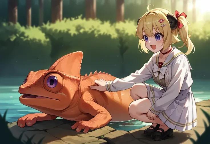 small catgirl, torn dress , nude ass, bitten in the ass by crocodile, crying, honey eyes, light brown hair