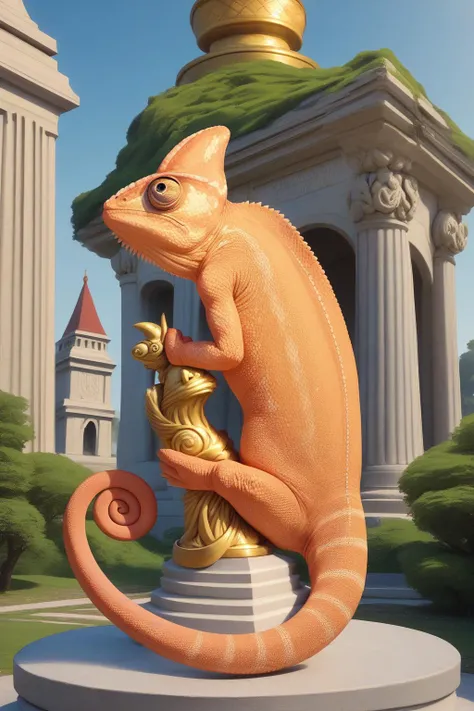 score_9, score_8_up, <lora:ChamChameleonPonyXL:1> golden Chameleon, Chameleon, yellow lizard, golden lizard, back spikes, feral, scales, golden statue, temple background, shiny, glittering
