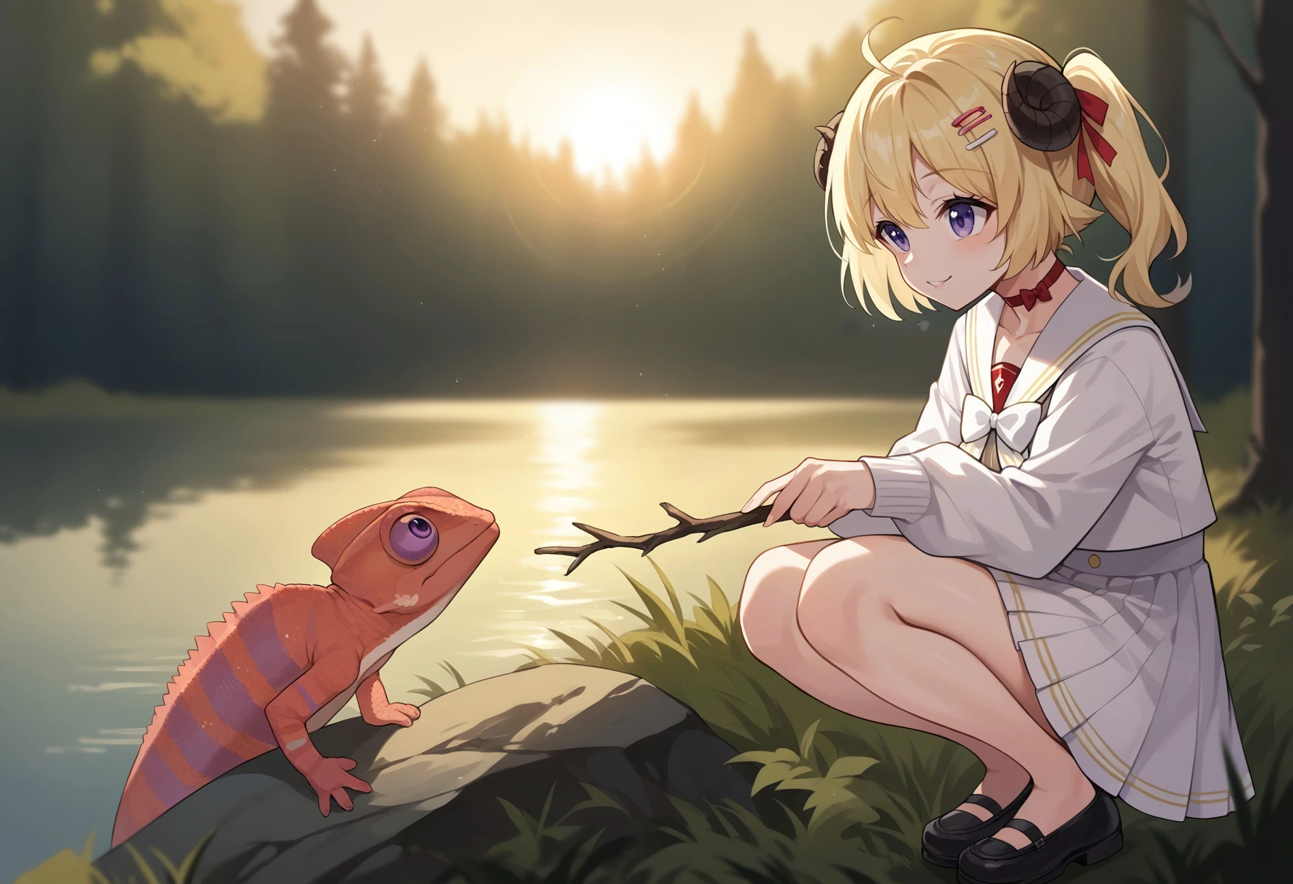 score_9, score_8_up,score_7_up, source_ anime,sunlight, sunrise,
BREAK
forest,blurry background,
BREAK
Chameleon, no humans, multicolored body, lizard,back spikes, feral,scales, water,
BREAK
TsunomakiWatame, horns, long hair, ahoge,WatameCasual, ahoge, side ponytail, short hair, hairclip, vertical-striped dress, white skirt, high-waist skirt, sailor collar, red choker, white bow, white cardigan, squatting, smiling, grin,
BREAK
arm, stick, poking,
<lora:ChamChameleonPonyXL:0.8> <lora:last_1:0.8>