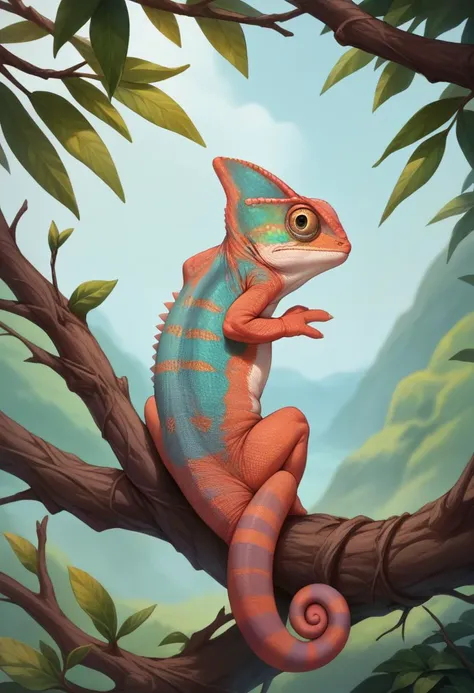 score_9, score_8_up, score_7_up, source_anime, Chameleon, lizard, back spikes, feral, scales, outdoors, branch, straight-on, looking at viewer, <lora:ChamChameleonPonyXL:1.0>