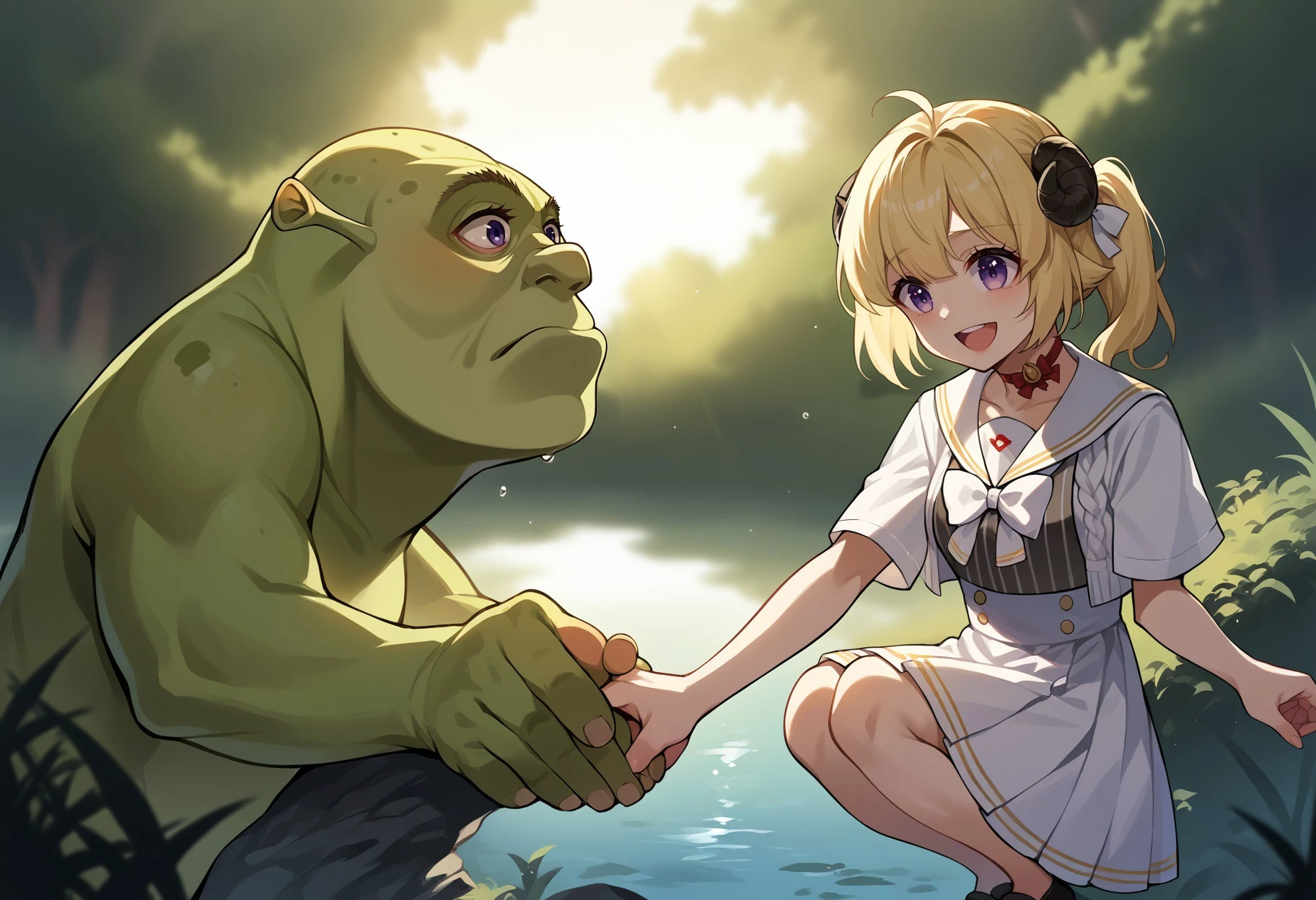 score_9, score_8_up,score_7_up, source_ anime,sunlight, sunrise,
BREAK
forest,blurry background, water, swamp,
BREAK
Chameleon, no humans, multicolored body, lizard,back spikes, feral,scales, open mouth,
BREAK
TsunomakiWatame, horns, long hair, ahoge,WatameCasual, ahoge, side ponytail, short hair, hairclip, vertical-striped dress, white skirt, high-waist skirt, sailor collar, red choker, white bow, white cardigan, squatting, happy,wide open eyes, smiling
BREAK
arm,headpat,
BREAK
shrek, green skin, confused,
<lora:ChamChameleonPonyXL:0.8> <lora:last_1:0.8> , <lora:Shrek_XLPD:0.8>