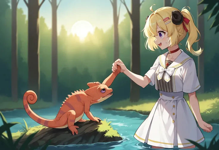 score_9, score_8_up,score_7_up, source_ anime,sunlight, sunrise,
BREAK
forest,blurry background, water,
BREAK
Chameleon, no humans, multicolored body, lizard,back spikes, feral,scales, open mouth,
BREAK
TsunomakiWatame, horns, long hair, ahoge,WatameCasual, ahoge, side ponytail, short hair, hairclip, vertical-striped dress, white skirt, high-waist skirt, sailor collar, red choker, white bow, white cardigan, squatting, happy,wide open eyes, smiling
BREAK
arm,headpat,
<lora:ChamChameleonPonyXL:0.8> <lora:last_1:0.8> ,