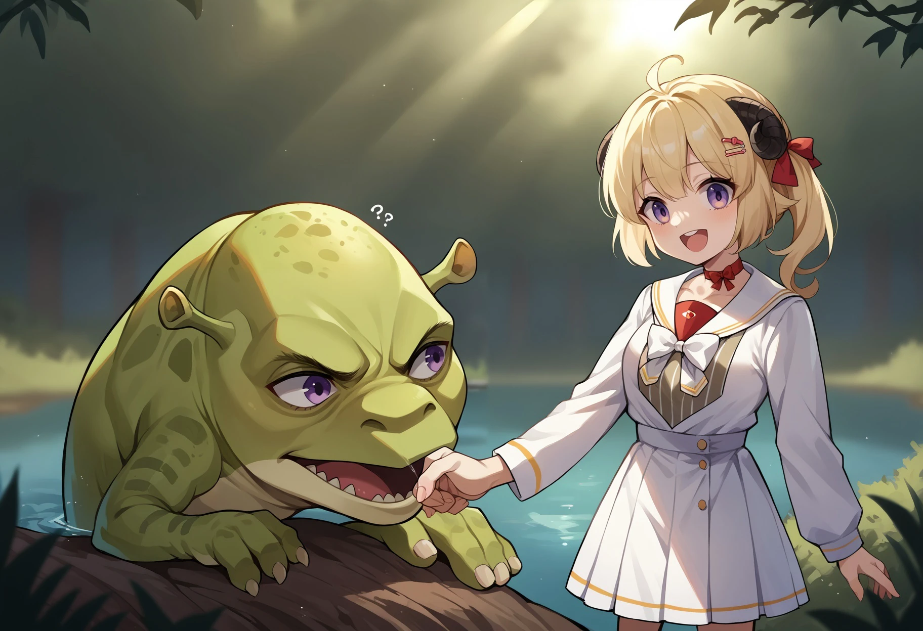 score_9, score_8_up,score_7_up, source_ anime,sunlight, sunrise,
BREAK
forest,blurry background, water, swamp,
BREAK
Chameleon, no humans, multicolored body, lizard,back spikes, feral,scales, open mouth,
BREAK
TsunomakiWatame, horns, long hair, ahoge,WatameCasual, ahoge, side ponytail, short hair, hairclip, vertical-striped dress, white skirt, high-waist skirt, sailor collar, red choker, white bow, white cardigan, squatting, happy,wide open eyes, smiling
BREAK
arm,headpat,
BREAK
shrek, green skin, confused,
<lora:ChamChameleonPonyXL:0.8> <lora:last_1:0.8> , <lora:Shrek_XLPD:0.8>