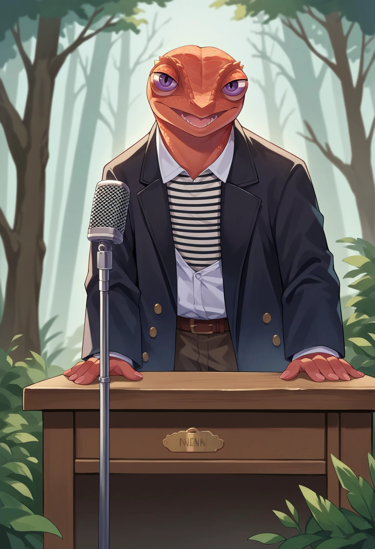 score_9, score_8_up,score_7_up, source_ anime, no humans,
BREAK
forest,
BREAK
IncrsNeverGonnaGiveUUp, smile, looking at viewer, open mouth, black jacket, striped shirt, suit, open jacket,Chameleon, lizard, back spikes, feral, scales, on top of desk,
BREAK
microphone stand,
BREAK
desk, (legs:-1.5)
<lora:NeverGonnaGiveYouUp_XLPD:0.8> <lora:ChamChameleonPonyXL:0.8>
