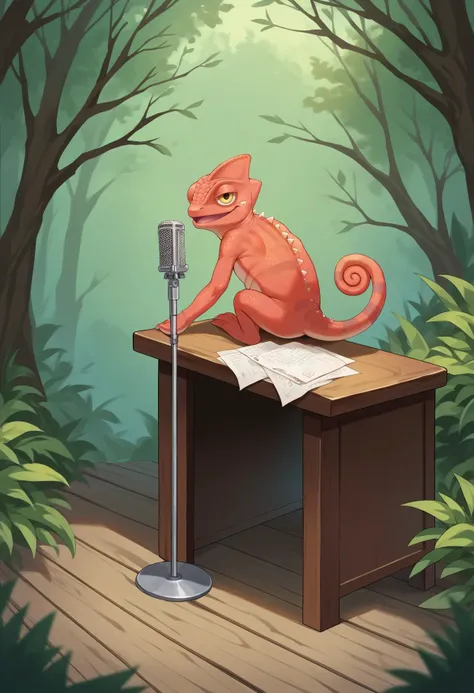 score_9, score_8_up,score_7_up, source_ anime, no humans,
BREAK
forest,
BREAK
IncrsNeverGonnaGiveUUp, smile, looking at viewer, open mouth,Chameleon, lizard, back spikes, feral, scales, on top of desk,
BREAK
microphone stand,
BREAK
desk, (legs:-1.5)
<lora:NeverGonnaGiveYouUp_XLPD:0.8> <lora:ChamChameleonPonyXL:0.8>