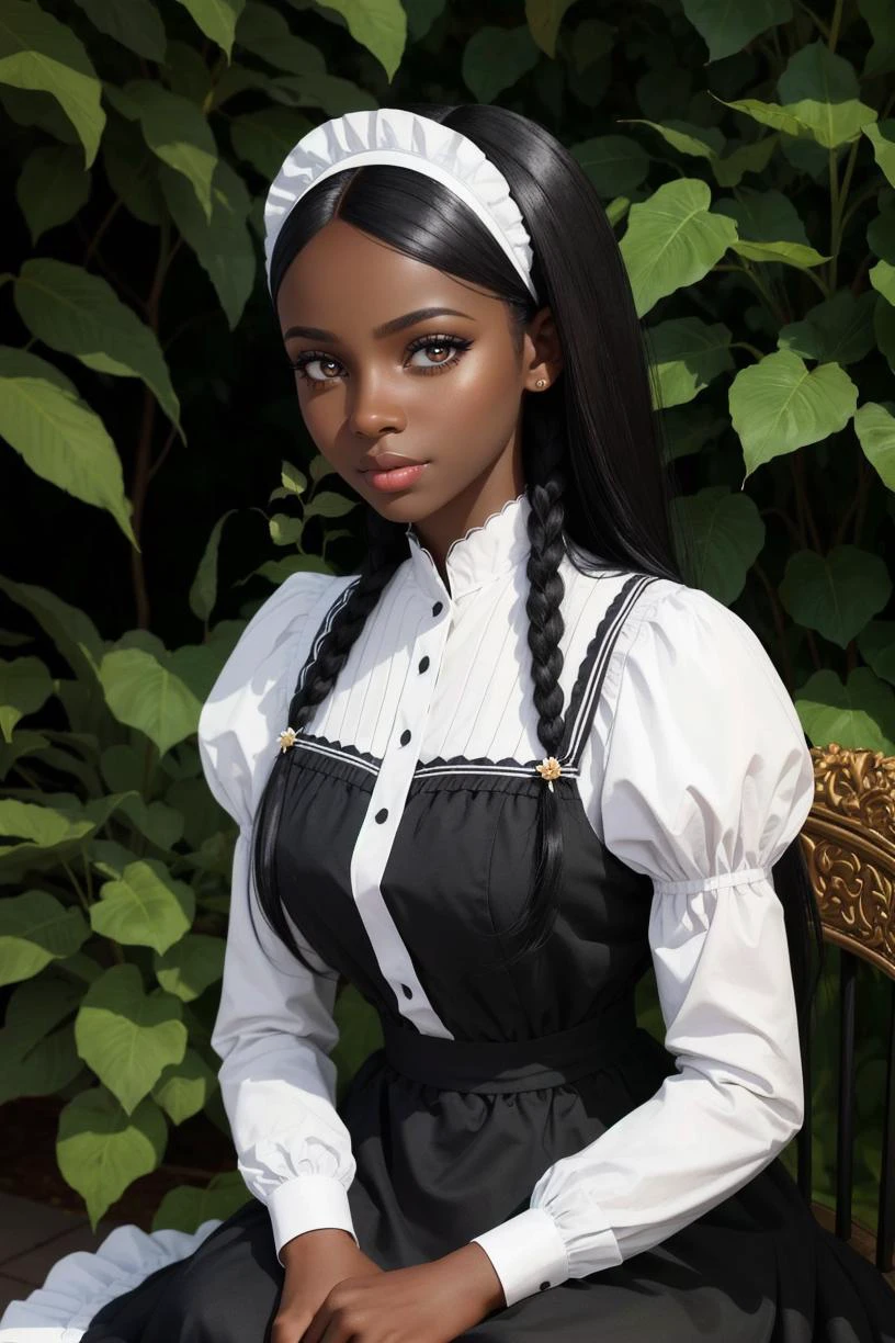 professional portrait photo of a (black skin african girl:1.1),
she is wearing simple maid costume and she has medium long black hair,
detailed skin, detailed eyes,
waiting in rich lush oriental Victorian Era mansion garden,
on hot summer day,
photo made with Canon EOS in natural style photography,
popular on artstation, popular on deviantart, popular on flicker