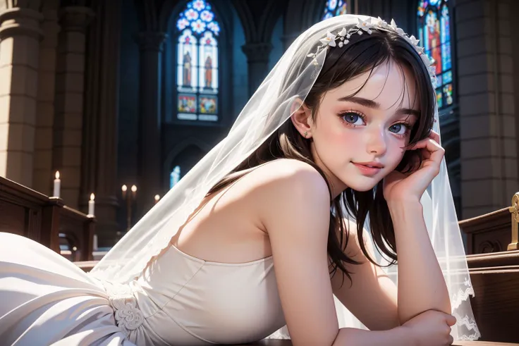 masterpiece, best illustration, 1 girl is AIDA_dataran , russian bride, white dress,inside a church, smile,veil