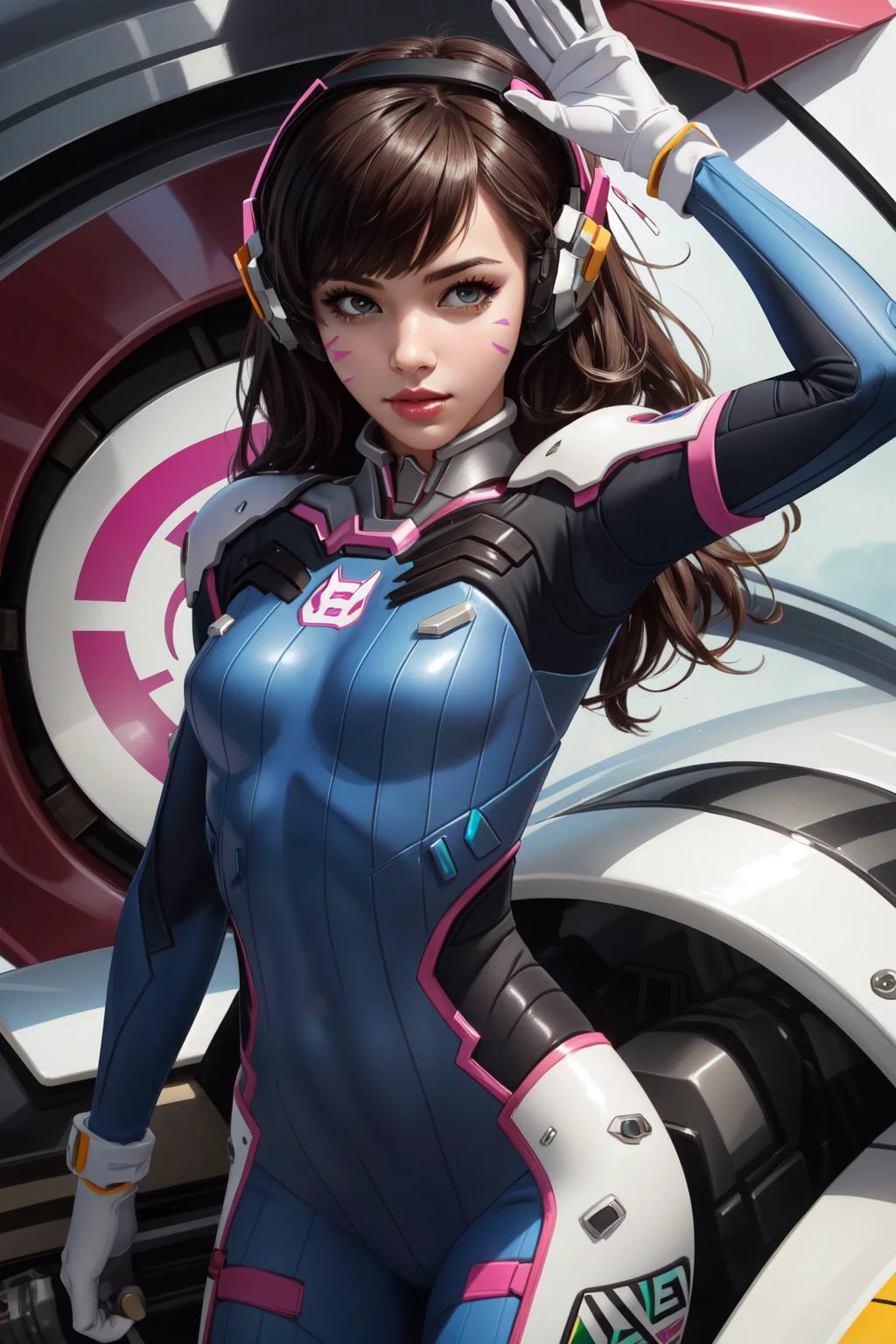 (masterpiece, best quality), intricate details,
1girl, <lora:dva:0.8> 1girl, d.va (overwatch), solo, long hair, whisker markings, bodysuit, brown hair, facial mark, gloves, breasts, brown eyes, pilot suit, cowboy shot, headphones, white gloves, medium breasts, swept bangs, skin tight, animal print, bangs, bunny print, ribbed bodysuit, facepaint, pink lips,