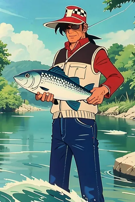 masterpiece,GYOSHIN, fishing, river, water, waves, big fish, <lora:gyoshinV1:0.8>