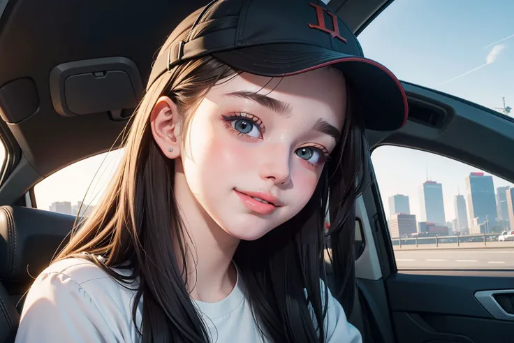 masterpiece, best illustration, 1 girl is AIDA_dataran , russian pilot, inside a car, smile,hat