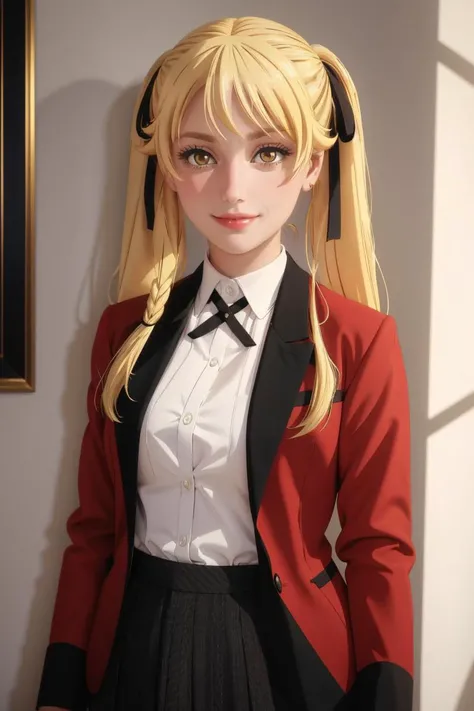 professional photo of 1girl, blonde hair, (yellow eyes:1.2), pigtails, black ribbon in hair, looking at viewer, seductive smile, blush, looking at viewer, red jacket with black collar, white shirt, buttoned jacket, grey pleated skirt,
detailed skin, detailed eyes,
photo made with Canon EOS in naturalistic style photography,
popular on artstation, popular on deviantart, popular on flicker,
<lora:MarySaotome-04:0.8:MIDD>