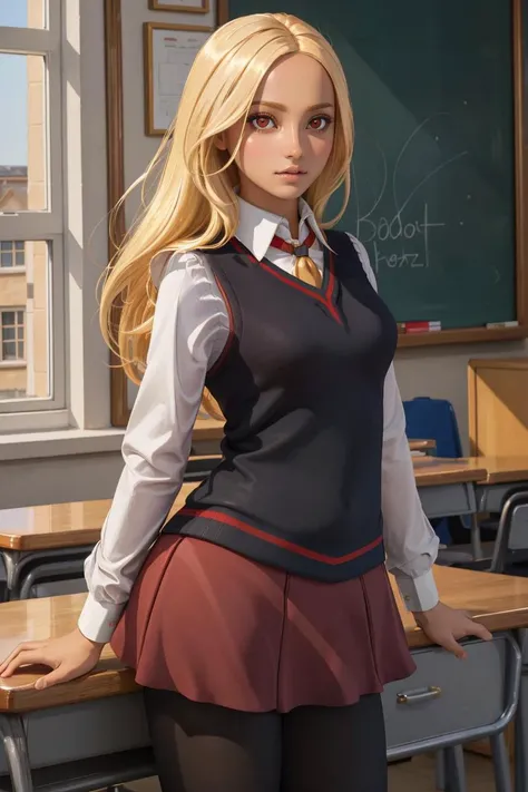 professional photo of gdkatschool, dark skin, dark-skinned female, school uniform, sweater vest, red skirt, pantyhose, red eyes, blonde hair,
detailed skin, detailed eyes,
volumetric light, highrez, masterpiece, best quality,
<lora:gravitydaze_kitten-12:0.8:MIDD>