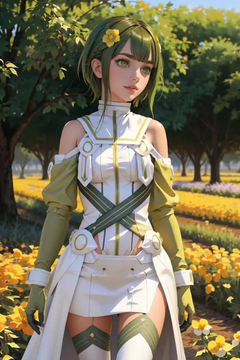professional photo of 1girl, solo, short hair,green hair, hair ornament, dress, green eyes, green hair, hair flower, thighhighs, glove,
detailed skin, detailed eyes,
photo made with Canon EOS, volumetric light, cotton field,
popular on artstation, popular on deviantart, popular on flicker,
<lora:Shiratori_Utano-10:0.8:MIDD>