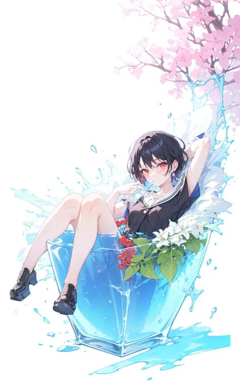 in container, 1girl, solo,short hair,red eyes,blue skirt,black hair,full body, sitting ,drinking glass,in drinking glass,looking at viewer