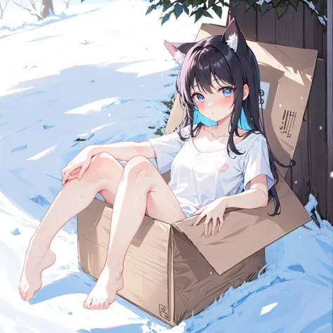in container, 1girl, solo,
animal ears, cat tail, black hair,blue eyes, shirt, long hair, blush, sitting, white shirt, snowing, bangs, closed mouth, collarbone,short sleeves, snow,
full body, sitting ,(box:1),in box,looking at viewer,