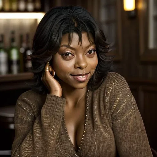 <lora:Taraji_Henson:1> taraji_henson, jeans, sweater, having a drink at a bar, half body shot, smile,, 8k, highly detailed, photography, 35 mm, realistic, depth of field, photorealistic, fine texture, volumetric lighting, detailed skin texture, subsurface scattering