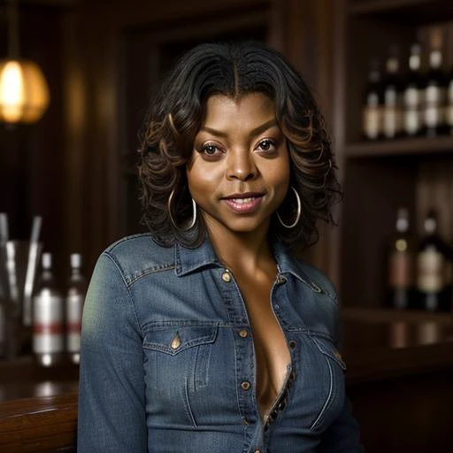 <lora:Taraji_Henson:1> taraji_henson, jeans, sweater, having a drink at a bar, half body shot, smile,, 8k, highly detailed, photography, 35 mm, realistic, depth of field, photorealistic, fine texture, volumetric lighting, detailed skin texture, subsurface scattering