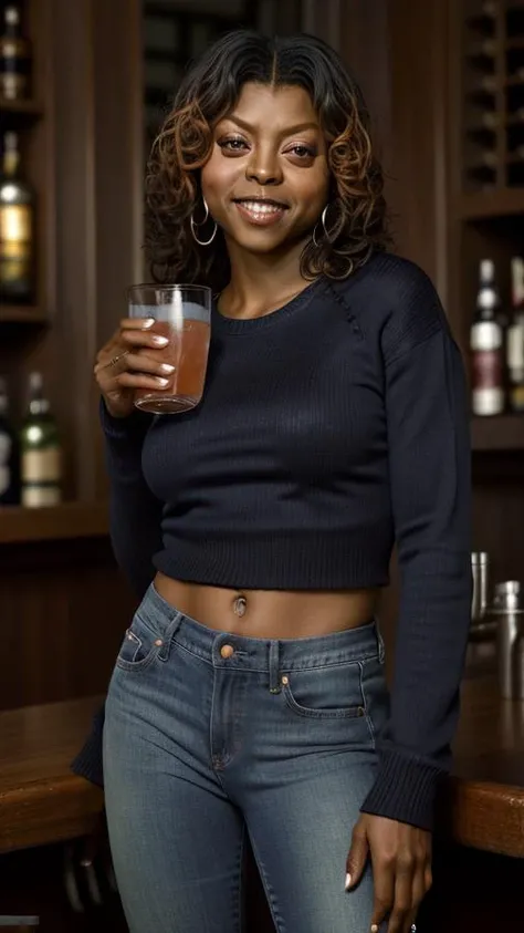 <lora:Taraji_Henson:1> taraji_henson, jeans, sweater, having a drink at a bar, half body shot, smile,, 8k, highly detailed, photography, 35 mm, realistic, depth of field, photorealistic, fine texture, volumetric lighting, detailed skin texture, subsurface scattering