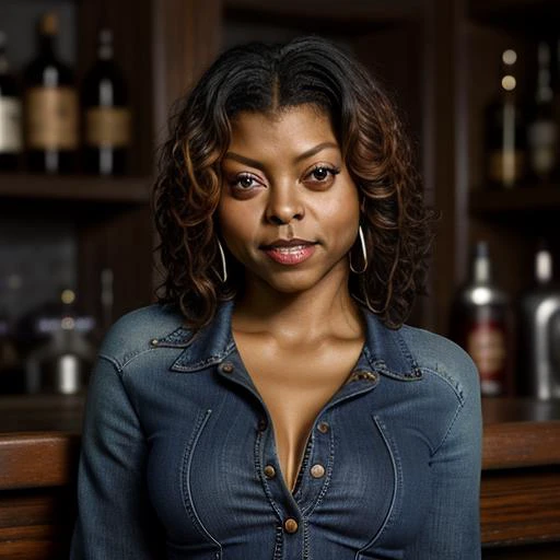 <lora:Taraji_Henson:1> taraji_henson, jeans, sweater, having a drink at a bar, half body shot, smile,, 8k, highly detailed, photography, 35 mm, realistic, depth of field, photorealistic, fine texture, volumetric lighting, detailed skin texture, subsurface scattering