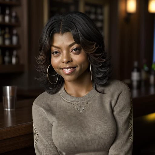 <lora:Taraji_Henson:1> taraji_henson, jeans, sweater, having a drink at a bar, half body shot, smile,, 8k, highly detailed, photography, 35 mm, realistic, depth of field, photorealistic, fine texture, volumetric lighting, detailed skin texture, subsurface scattering