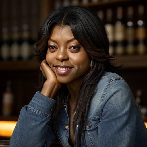 <lora:Taraji_Henson:1> taraji_henson, jeans, sweater, having a drink at a bar, half body shot, smile,, 8k, highly detailed, photography, 35 mm, realistic, depth of field, photorealistic, fine texture, volumetric lighting, detailed skin texture, subsurface scattering