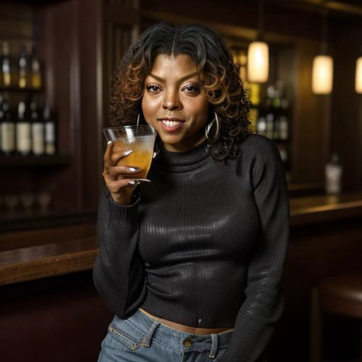 <lora:Taraji_Henson:1> taraji_henson, jeans, sweater, having a drink at a bar, half body shot, smile,, 8k, highly detailed, photography, 35 mm, realistic, depth of field, photorealistic, fine texture, volumetric lighting, detailed skin texture, subsurface scattering