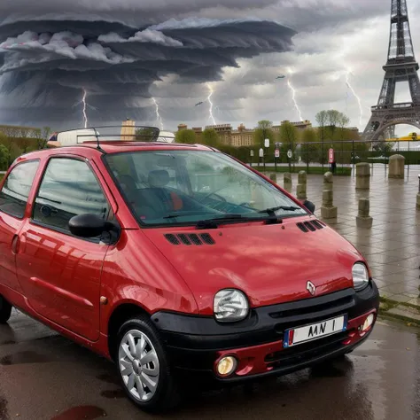 a pearly red Twingo parked in front of the eiffel tower with a storm in the background and lightning in the sky <lora:Twingo:0.8>
