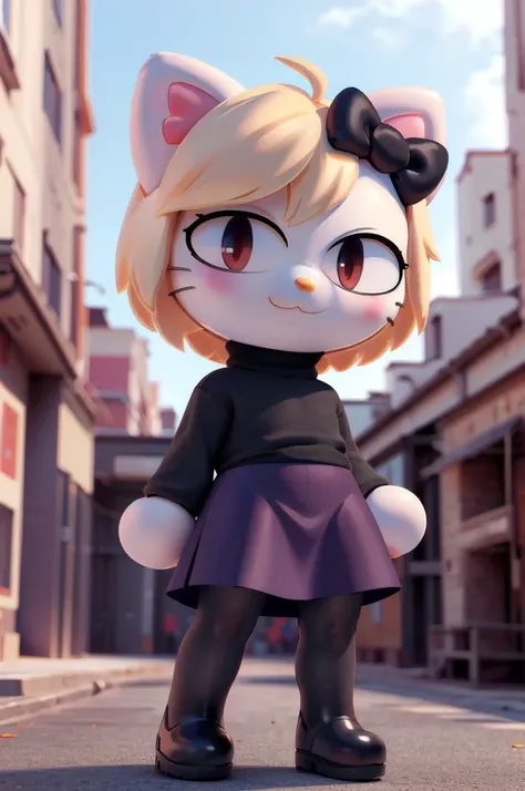 (masterpiece, best quality, hires), <lora:hello_kitty-09:0.6>, hello_kitty, chibi, toon,looking at viewer, illustration, <lora:necoarc:1>, necoarc, :3, slit pupils, turtleneck, purple skirt, pantyhose, blonde hair, short hair, detailed background,