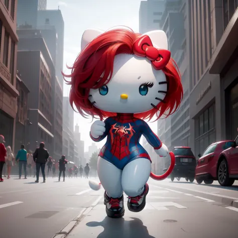 hello_kitty,1girl,red hair,blue eyes,spiderman,on the street,tail,full body,looking at viewer,solo,<lora:hello_kitty-09:1>,