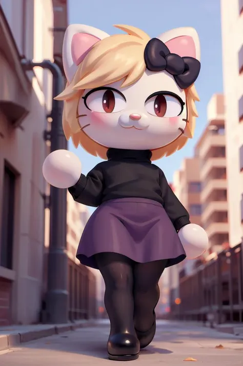 (masterpiece, best quality, hires), <lora:hello_kitty-09:0.6>, hello_kitty, chibi, toon,looking at viewer, illustration, <lora:necoarc:1>, necoarc, :3, slit pupils, turtleneck, purple skirt, pantyhose, blonde hair, short hair, detailed background,