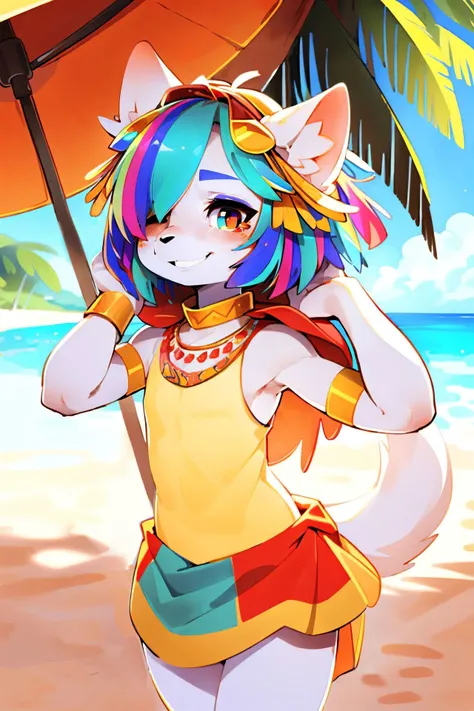 ASCII<lora:add_detail:0.7>, <lora:Furtastic_Detailer:0.7>,
 (wildlife|fashion) photography, masterpiece,
three quarter view, solo,
cute anthro [cat], mirage, <lora:Mirage_Aladdin:0.5>, detailed and extremely fluffy body fur, young, detailed mouth, glossy fur,
rendered eyes, cute-fine-face, small breasts, flat chest,
high-cut tropical print bodysuit, sarong, layered gold accessories for a bold and exotic appearance, nerdy glasses,
hair over eye,
Casual Chic Lean, Leaning against a surface with casual elegance, radiating effortless style, dynamic pose,
uploaded on e621, by darkgem, [[by manmosu marimo, by Youjomodoki, by Cotora]],
<lora:FurryCoreV2New-07:0.4>, furrycore,
<lora:MikaPikazoStyle-10:0.3> , MikaPikazo,
<lora:cure v1:0.2> , zhiyu, cure,
<lora:[TAC]tac000_style_V2_LoHA:0.5> , tac000_style, halftone_hair, neon_palette, shaped_highlights, multicolored hair, colorful_hair,
evil grin,
[[[canid], vaporeon, <lora:Y1-Furry-Eeveelution:0.6>]],
at the beach, noon, decorated cozy garden patio, magical garden,
Tikehau in French Polynesia, pink sand beaches, pink-hued sand, granite boulders, colorful parasol in the background,
cinematic composition, hi res, 8k, Remove noise, cinematic lighting, stunningly beautiful, concept art, highly detailed,
masterpiece, best quality, (intricate:0.9), (high detail:1.4), film photography, sharp focus,