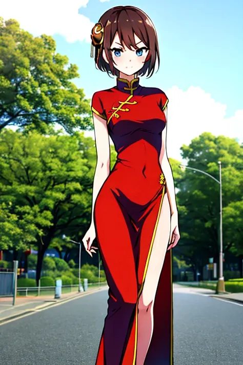 <lora:KaguraV3-1:0.8>, young Kagura, 1girl, solo, short, short_hair, red china dress, park background