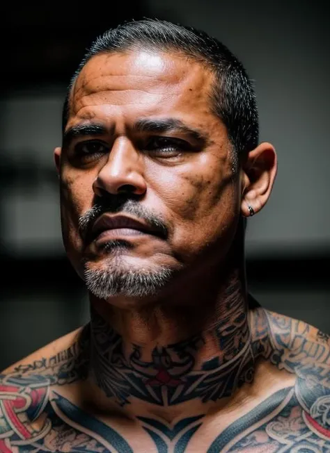 guttonetdvision10, retrato de meio corpo de um guerreiro australiano maori, tatuagens no rosto, (pele detalhada:1.2) com profundidade de campo, UHD, 8k