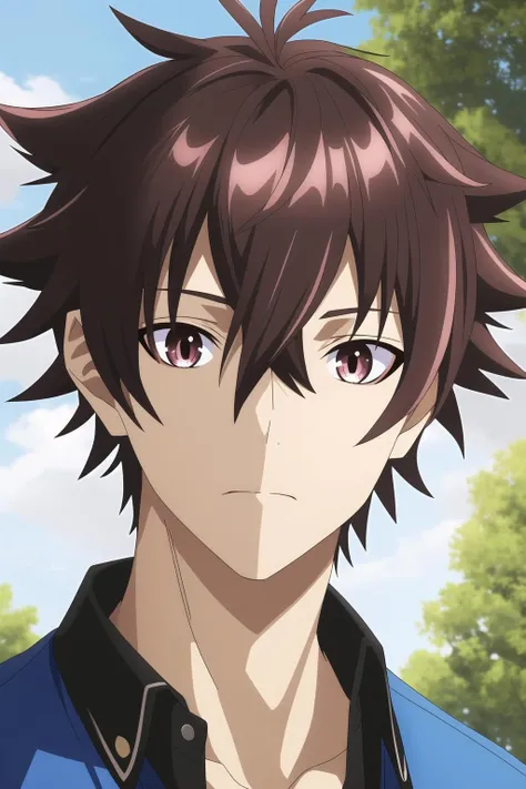tenjou yuuya, 1boy, male focus, solo, brown hair, brown eyes, outdoors, closed mouth, looking at viewer, tree, collared shirt, day, portrait,
