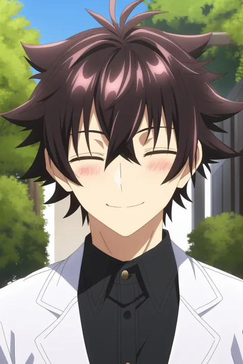 tenjou yuuya, 1boy, male focus, solo, brown hair, brown eyes, blush, outdoors, white jacket, black shirt, smile, closed eyes,