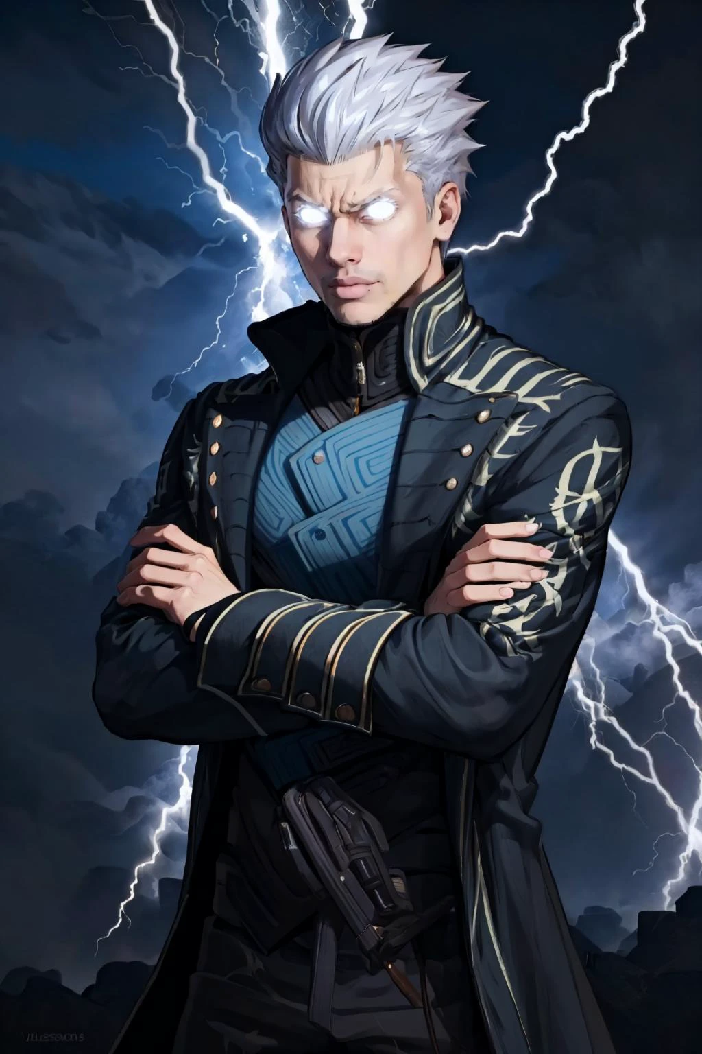 masterpiece, best quality, 1boy, solo, <lora:LowTierMeme:0.95> IncrsLowTier, electricity, glowing eyes, <lora:dmc5_vergil-10:0.95> dmc5vergil, black coat, fingerless gloves, pants, depth of field, crossed arms, angry,