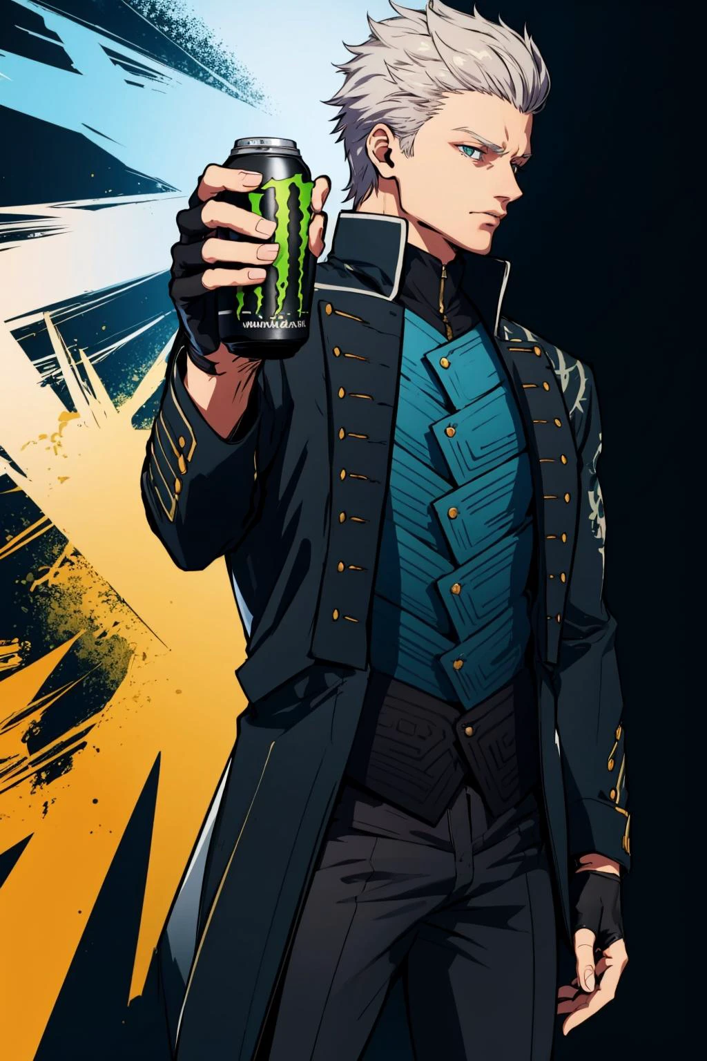 masterpiece, best quality, <lora:dmc5_vergil-10:1> DMC5Vergil, black coat, fingerless gloves, pants, cowboy shot, black background <lora:HoldingMonsterEnergy:0.6> HoldingMonsterEnergy, holding