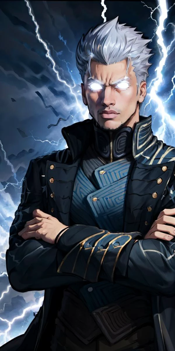 masterpiece, best quality, 1boy, solo, <lora:LowTierMeme:0.95> IncrsLowTier, electricity, glowing eyes, <lora:dmc5_vergil-10:0.95> dmc5vergil, black coat, fingerless gloves, pants, depth of field, crossed arms, angry,
