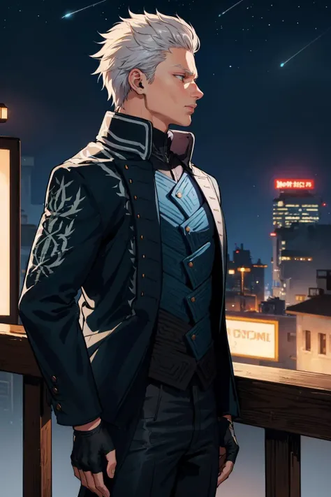 masterpiece, best quality, <lora:dmc5_vergil-10:1> DMC5Vergil, black coat, fingerless gloves, pants, cowboy shot, profile, cityscape, night sky, looking up, arms at sides