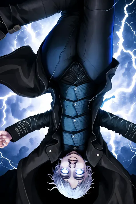 (masterpiece, best quality:1.2), <lora:dmc5_vergil-10:1> dmc5vergil, black coat, pants, blue theme, 1boy, <lora:LowTierMeme:0.9> IncrsLowTier, electricity, glowing eyes, (upside-down:1.5), twisting, colorful, monster,