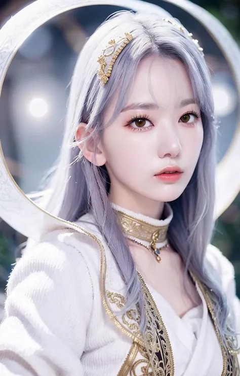 miyawakisakura,woman, beautiful,(white hair:1.2),(ultra realistic:1.5), (mage:1.2), potrait photo, (mage robes:1.2), (mage hood:1.2),ornate mystical robes, (closeup:1.2), portrait photos, (fantasy world:1.5), (intricate:1.37), (looking at viewer:1.2),(magical:1.2), (magic orb:1.2), (closed lips:1.2), <lora:miyawaki sakura-Byhighwizardv1.ver:1>