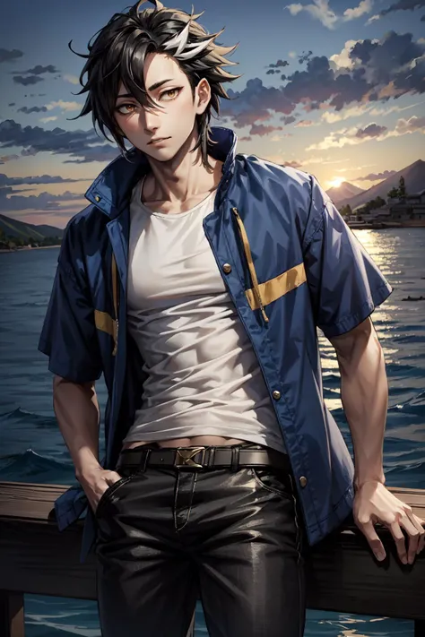 mandricardo\(fate\), solo, 1boy, looking at viewer, male focus, yellow eyes, short hair, bangs, black hair, white hair, multicolored hair, two-tone hair, jacket, white shirt, short sleeves, black pants, belt, blue jacket, (midriff peek:0.5), sunset, <lora:Mandricardo(fate)_No_commercial_use_is_allowed_LoRA:0.5>