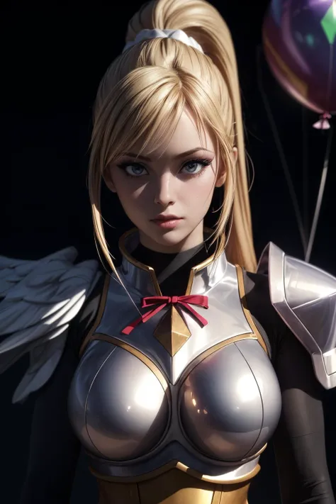(ultra realistic,32k,RAW photo:1.1),(high detailed skin:1.1), 8k uhd, dslr, high quality, film grain, (makeup, mascara:1.1), lips,(thick\lips\), 
(shiny glossy translucent clothing:1.1),  <lora:Darkness:0.5>Darkness, 1girl, solo,hair ornament, pauldrons, wings, shoulder armor, breastplate, ribbon, bodysuit, ponytail, <lora:add_detail:0.79>, huge breast, (upper body:1.2),
Posing as if holding a big balloon, 
 (busty:1.1) ,  (chubby:0.1),(holography:1.2),<lora:LowRA:0.4>, dark theme, blank background